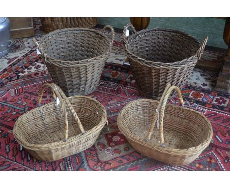 Vintage wicker log baskets (2); two wicker carrying baskets
