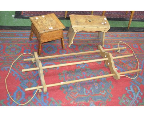 A Victorian pine stool; another; vintage clothes dryer 
