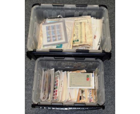 World Sorter in 2 Large Plastic Storage Boxes - Much on album leaves with mint Commonwealth, share certificates and ephemera.