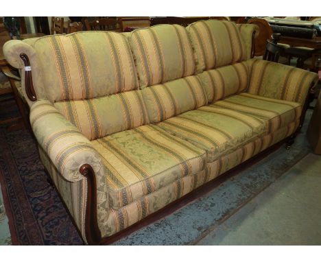 Modern Victorian style wingback suite comprising of large 3 seat sofa with mahogany trim and matching armchair