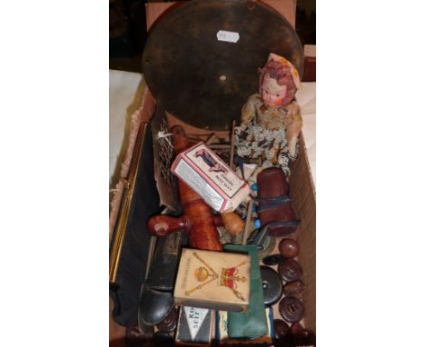Brass barometer dial, lace making bobbins, ladies purse, coronation matchbox holder, tape measures, leather buttons etc