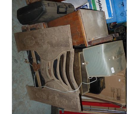 Victorian cast iron fire insert, brass magazine rack, cabin trunk and other items