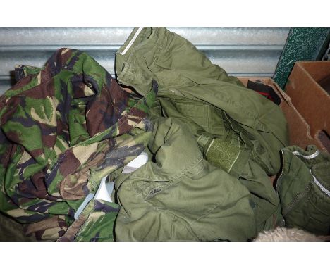 Box of assorted army surplus clothing