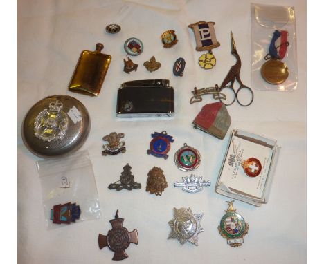 Sewing scissors, Royal Lifesaving Society cross, Prince Musclite lighter, enamel badges, snuff box with The Leeds Rifle's cre