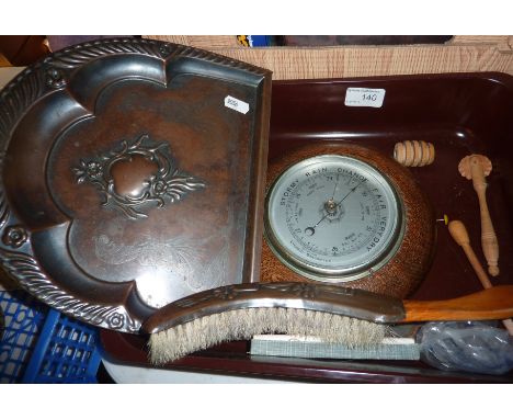 Oak barometer, carved wooden stamp holder with edelweiss design, crumb brush and tray, magnifying glass etc