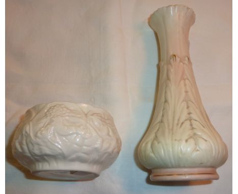 Small Belleek shallow dish with relief moulded decoration and a Royal Worcester bud vase