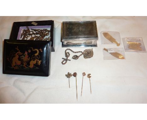 Silver plated box with monogram, stick pins, mother of pearl tokens and a lacquered box containing watch keys