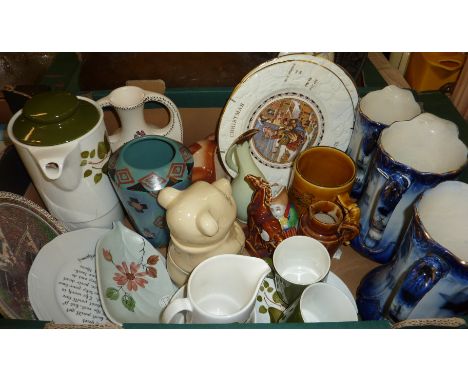 Set of 3 graduating blue and white jugs, Radford dish, Falcon ware 2 handled vase etc