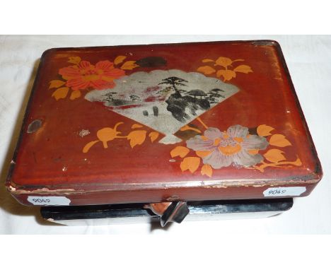 Lacquered box containing Wade Whimsies, crested china, Hummel style figurine etc