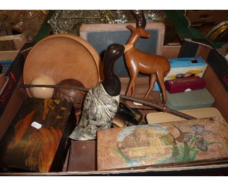 Selection of decorative boxes, black boards, address stamp, riding whip etc