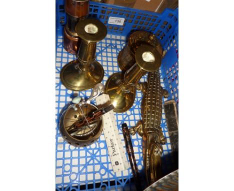Pair of brass candlesticks, brass crocodile, fountain pen, lighter in the form of a miner's lamp etc