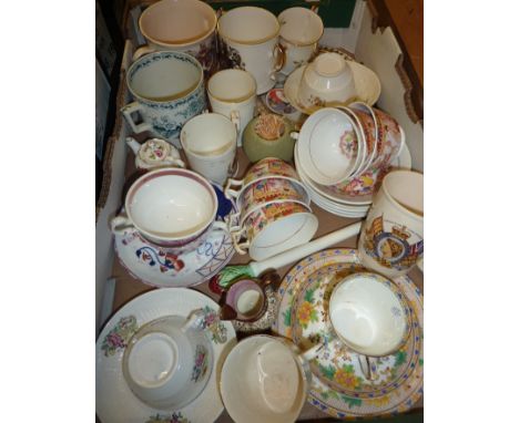 Box of decorative ceramics inc Gaudy Welsh cup and saucer, pink lustre cup, Alfred Meakin tankard, loving cups, Carlton Ware 