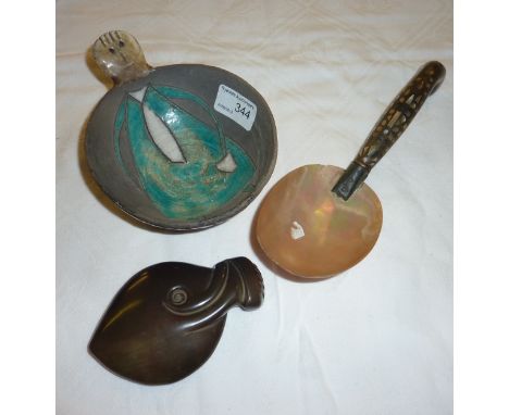 Studio pottery bowl, Arts and Crafts style spoon with mother of pearl bowl and inlaid handle and a fish