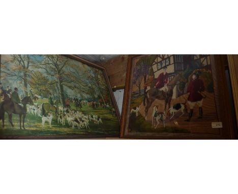 Framed hunting embroidery and a framed hunting print