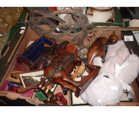Box of assorted collectables inc carpet beater, wooden horse, beaded bags, wooden nutcracker etc