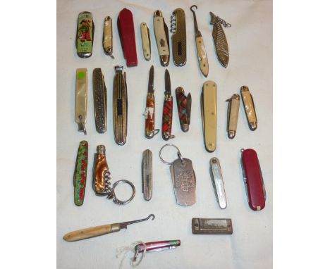 Selection of fruit knives, rug hooks, mini harmonica etc