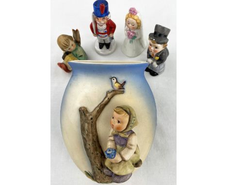 A Goebel Hummel wall pocket vase; 3 figures of children &amp; a pair of child bride &amp; groom salt &amp; pepper pots (boy s