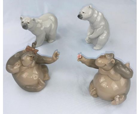 Two Lladro polar bear figures, 2 Nao chimpanzees 