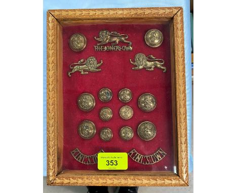 KINGS OWN YORKSHIRE Light Infantry cap badge, lapel badges, buttons etc framed.&nbsp;This&nbsp; lot is in good condition and 