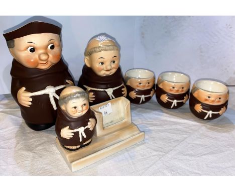 6 items of Goebel - Monk, pottery money box, jug, pen stand &amp; 3 egg cups