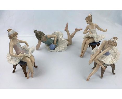 Three Lladro figures of girl ballerinas sitting on chairs; a Nao figure, girl reclining with a ball.&nbsp;&nbsp;The Nao figur