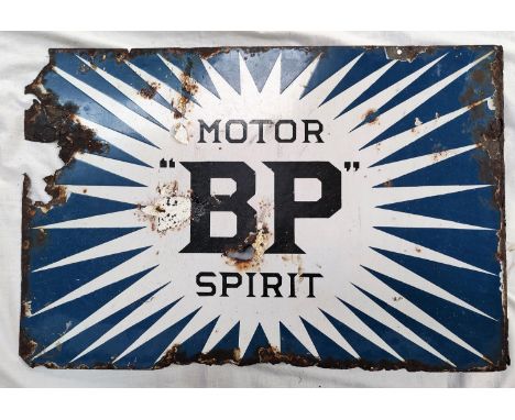 An enamel double sided BP Spirit garage advertising sign (rusted, some missing areas)