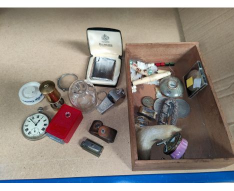 A Bilston enamel box, a pocket watch, a Ronson lighter, lorgnettes &amp; collectables &amp; coins 