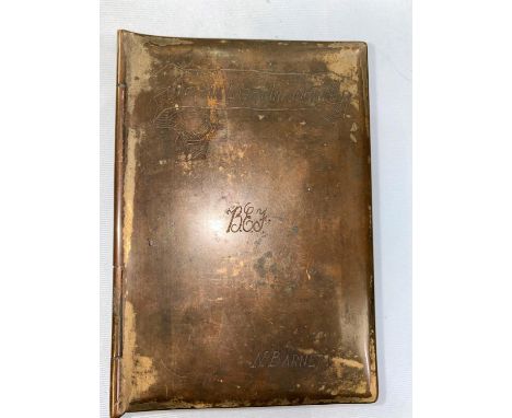 A WWI Trench Art tobacco tin in the form of a book, souvenir of France and Belgium 1916 - 17, Durham Light Infantry B E F, N 