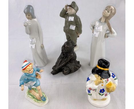 A Royal Worcester figure "Hometime"; a Coalport figure "Paddington"; a Royal Dux figure Saluting Soldier &amp; 2 Lladro style