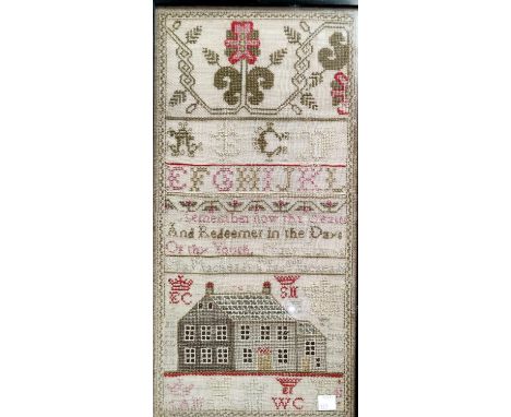 An early 19th century needlework sampler with text "Remember now the Creators of the Youth" house, flowers etc; a selection o