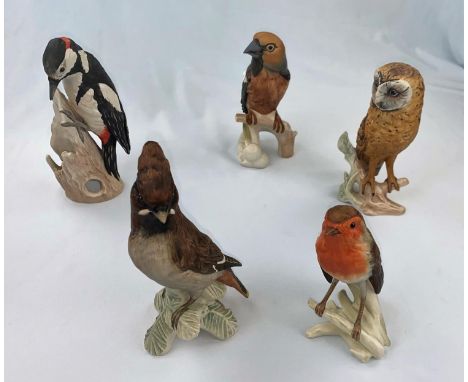 A collection of 5 large Goebel birds including owl, woodpecker, robin etc