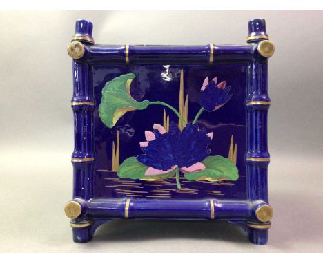 BLUE CERAMIC PLANTER painted with flowers and butterflies23cm high, 20cm wide, 20cm deep