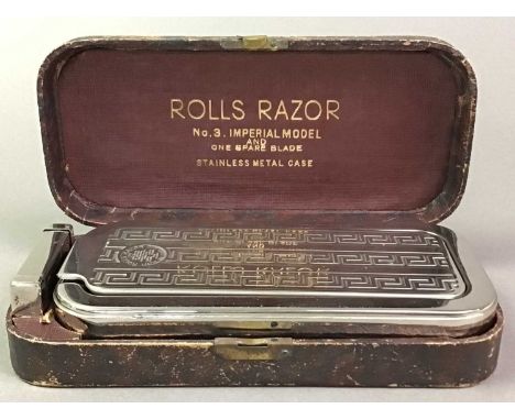 ROLLS RAZOR NO.3. IMPERIAL MODEL AND A SET OF SCALES the razor featuring the Greek Key design, complete with instructions, ho
