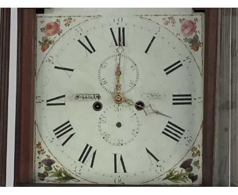 MAHOGANY LONGCASE CLOCK, 20TH CENTURY the clock face decorated with floral displays and a figure leaning by a fence and with 