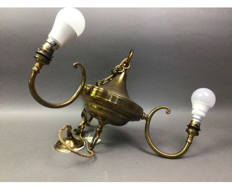 BRASS CHANDELIER GLASS CEILING LIGHT AND AN ART DECO STYLE SHADE  the chandelier three branchQty: 2