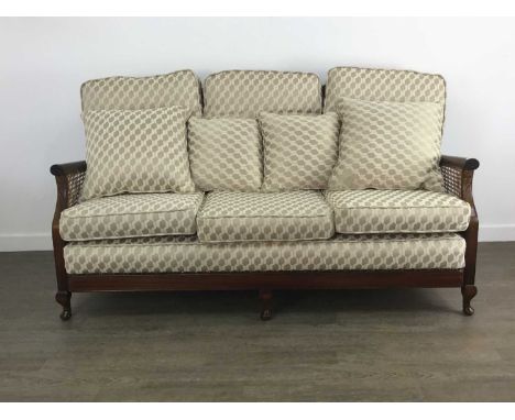 REPRODUCTION MAHOGANY BERGERE THREE PIECE SUITE comprising a three seater sofa and two armchairs88cm high, 156cm wide, 70cm d