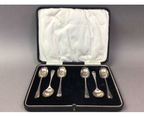 SET OF SIX SILVER TEASPOONS AND OTHER PLATED ITEMS  the silver teaspoons in a fitted case, along with coffee spoons and a sho