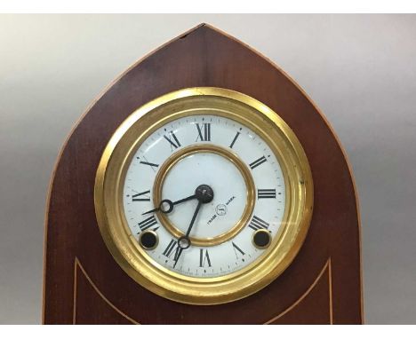 EDWARDIAN INLAID MAHOGANY MANTEL CLOCK the white and brass circular dial with Roman numerals 33cm high