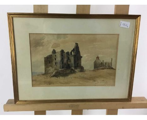 TWO STUDIES OF RUINS AND A LITHOGRAPH OF A CATHEDRAL INTERIOR one study in oils, the other in watercolour, both framed and un