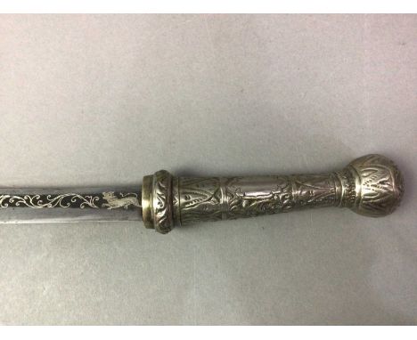 BURMESE DHA with etched blade and white metal grip and scabbard39cm overall