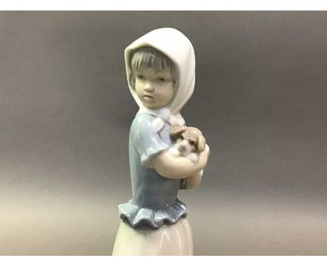 GROUP OF NAO FIGURES including a lady holding a puppy, another holding her hat, also one holding a bird house, as well as thr