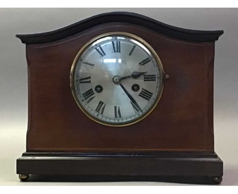 EDWARDIAN INLAID MAHOGANY MANTEL CLOCK the circular dial set with Roman numerals 