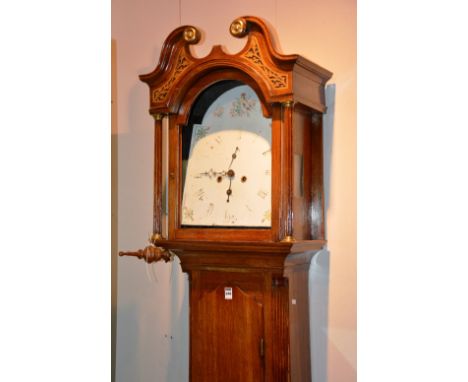 A late 18th/early 19th century oak longcase clock, with painted dial and two lead weights, lacking pendulum (a/f) 208cm high 