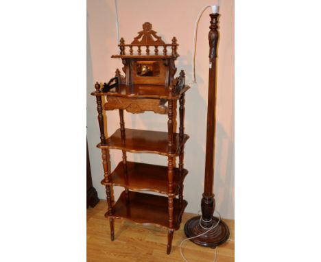 A modern what-not, with mirrored gallery to the top above four open tiers, 147cm high x 55cm wide, together with a mahogany f