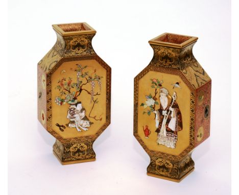 A pair of Japanese Shibayama lacquered pedestal vases circa 1930's, of hexagonal form decorated with ivory figures and mother