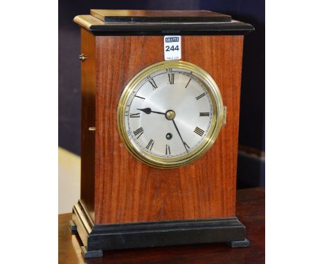 A mahogany cased chain fusee driven mantle clock, the silvered dial with Roman numerals, model no.8175, with pendulum, 32cm h