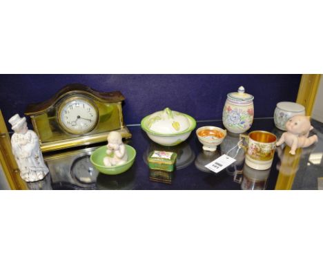 A small quantity of decorative porcelain and pottery, to include Vienna coffee can, beehive marks to base, Continental baby f