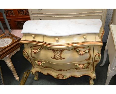 A small serpentine and Bombe fancy chest of drawers, 72cm high, 81cm wide, 33cm deep