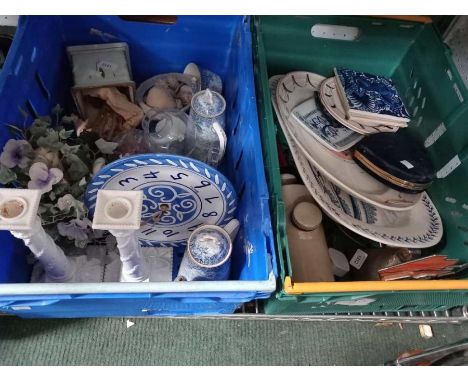 Two crates containing a selection of domestic china, glass lamp etc