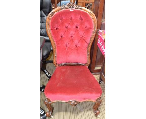 A Victorian mahogany show wood framed nursing type chair with claret velour button back and seat pad&nbsp;